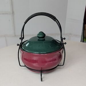 Red & Green Ceramic Dutch Oven Bean Pot W Metal Handles And Stand Colorful Chic